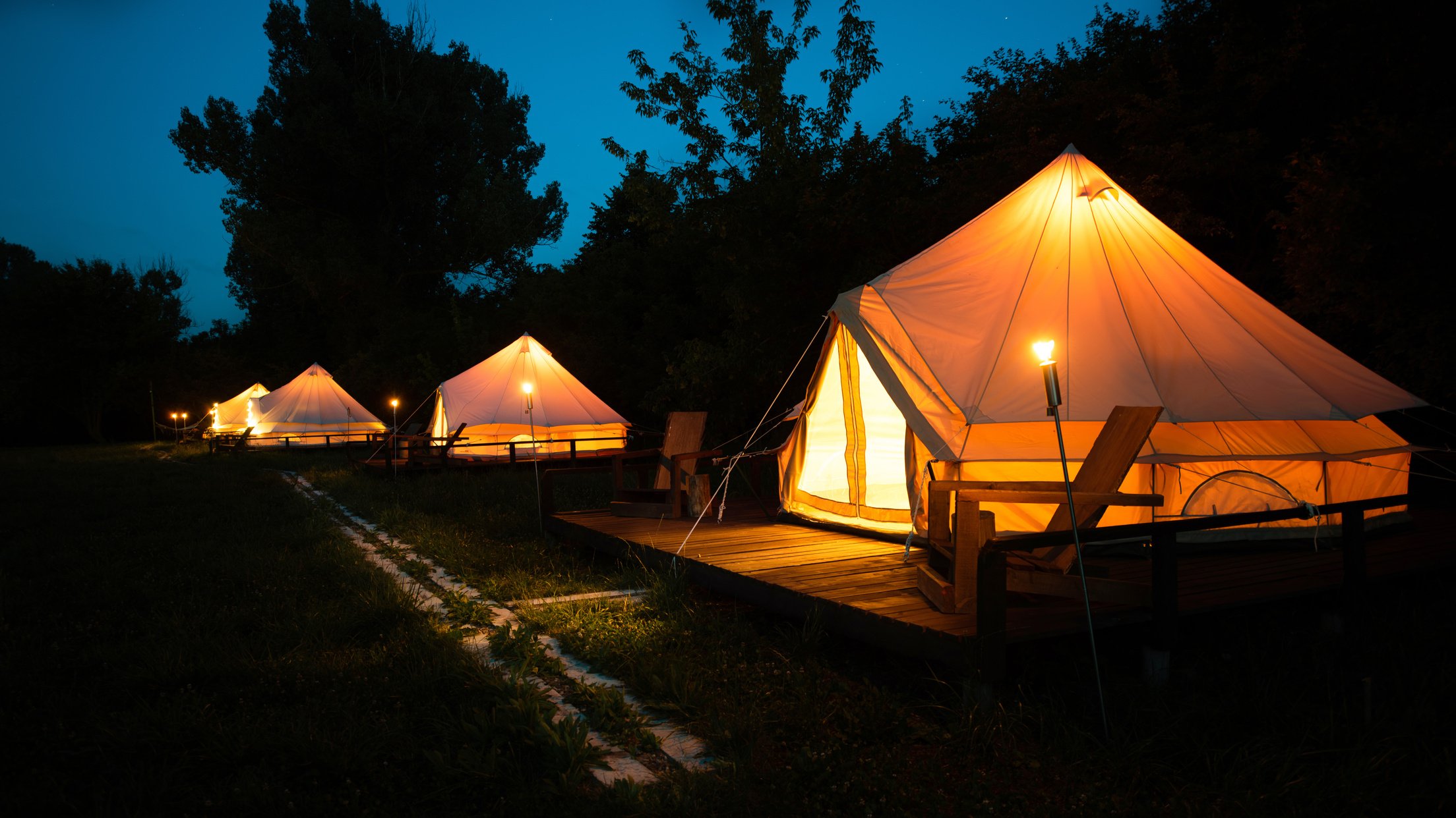 Tents at glamping, night